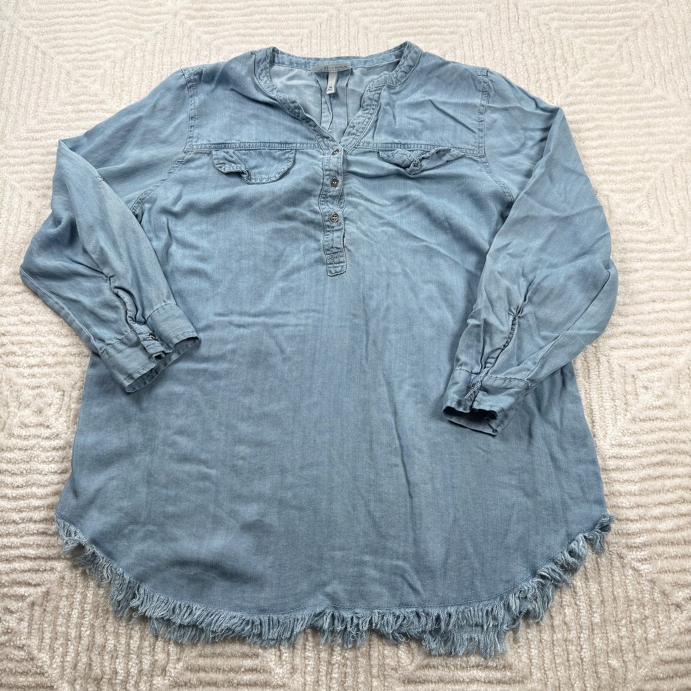 Hester Orchard Shirt Women's Medium Denim Tencel Tunic Frayed Hem Rodeo Cowgirl